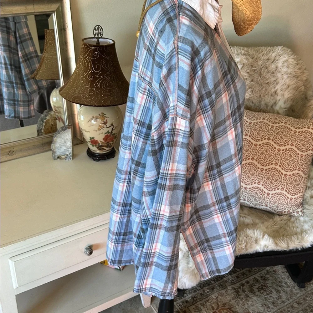 FP Sunday morning, sleep shirt, light blue flannel pop over polo collared top S - Picture 8 of 15